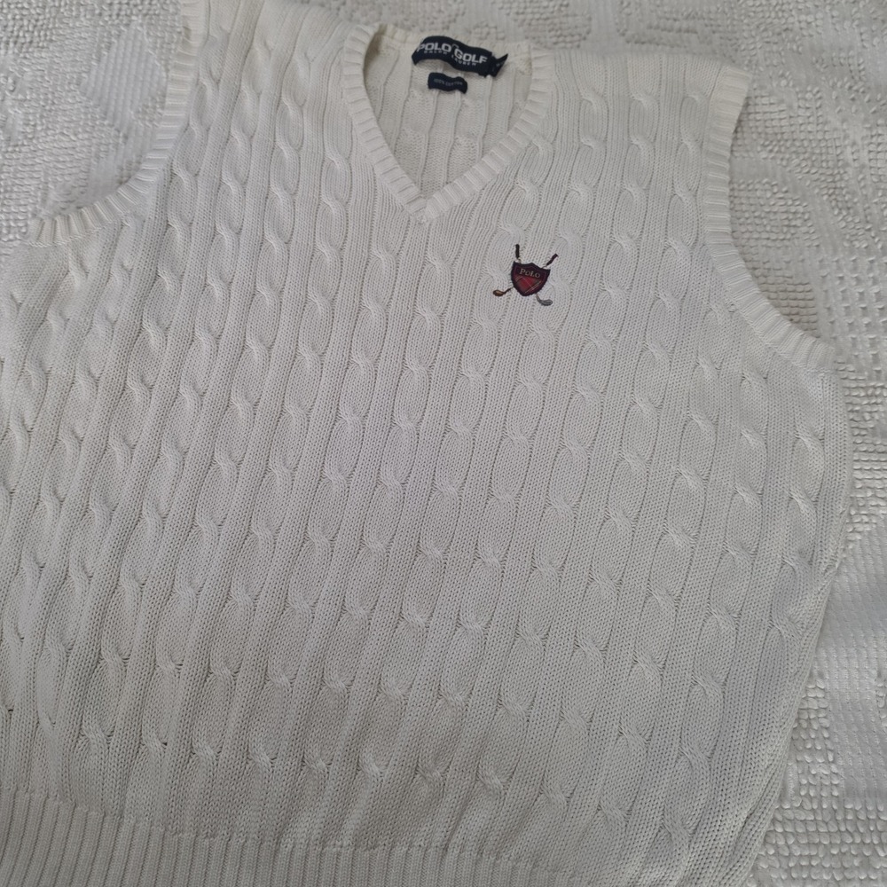 Vintage Polo Golf Ralph Lauren Cable Knit Sweater Vest XL Off-white V-NECK